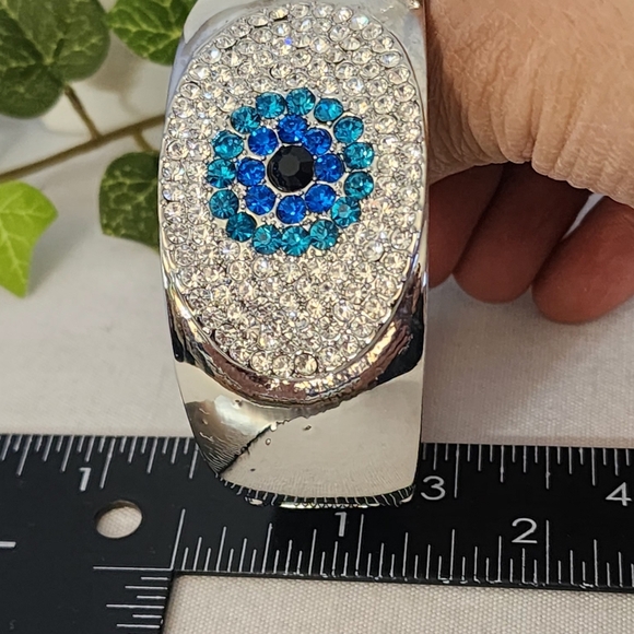 Silver Statement Clamper Hinge Bracelet Crystal Evil Eye - Picture 13 of 13